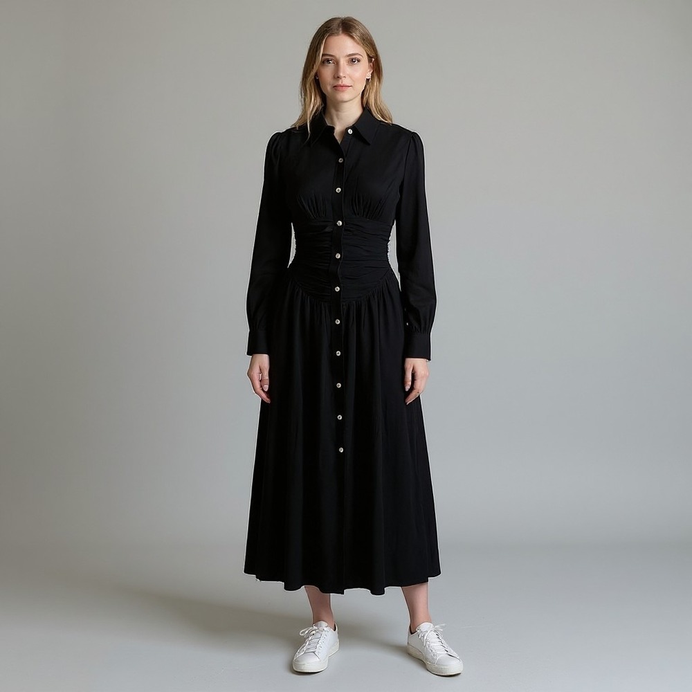 Modesees Maxi Dress Women M Black Ruched Waist Button Down Maxi Boho Avant Garde